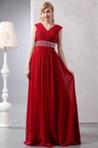 Wine Red Empire V-neck Floor-length Chiffon Beading Prom/Maxi Dresses