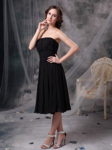 Black Column Strapless Tea-length Chiffon Ruch Little Black/Homecoming Dresses