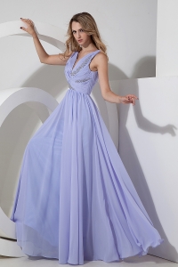 Lilac Empire V-neck Floor-length Chiffon Beading Prom/Maxi Dresses
