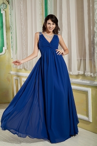 Blue Empire V-neck Floor-length Chiffon Beading and Ruch Prom/Maxi Dresses