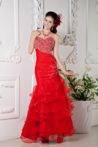 Red Mermaid Sweetheart Floor-length Organza Beading Pageant Celebrity Dress