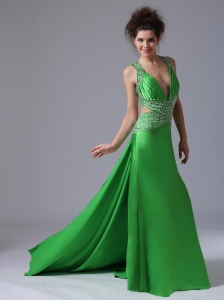 Spring Green Column V-neck Watteau Taffeta Pageant Evening Dress Backless