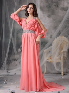 Watermelon Empire V-neck Court Train Chiffon Beading Prom/Maxi Dresses