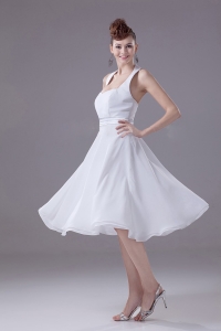 White Halter Empire Chiffon Tea-length Bridesmaid Dress