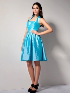 Aqua Blue A-line Halter Knee-length Taffeta Bridesmaid dresses