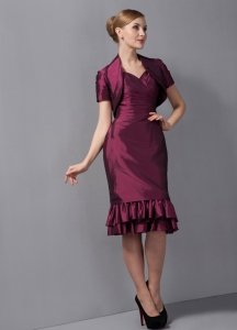 Burgundy Column Straps Knee-length Taffeta Ruch Mother Of The Bride Dress
