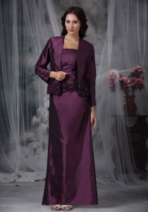Dark Purple Column Strapless Ankle-length Taffeta Appliques Mather Of The Bride Dress