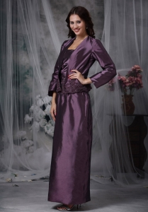 Dark Purple Column Strapless Ankle-length Taffeta Appliques Mather Of The Bride Dress