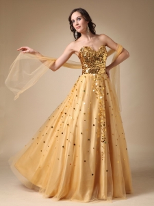 Gold A-line Sweetheart Floor-length Sequins Taffeta and Tulle Pageant Celebrity Dress