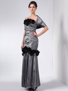 Grey Column Strapless Ankle-length Taffeta Hand Made Flowers Mother Of The Bride Dress