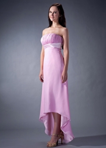 Lavender Cloumn Strapless High-low Chiffon Ruch Bridesmaid dresses