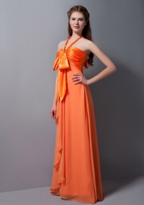 Orange Red Empire Halter Floor-length Taffeta and Chiffon Ruch Bridesmaid dresses