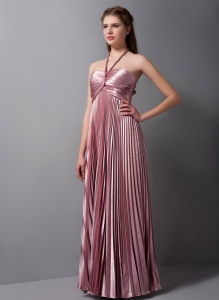 Pink Column Halter Floor-length Elastic Woven Satin Pleat Bridesmaid dresses