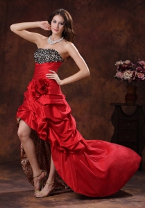 Red Leopard High-low Pageant Evening Dress Clearances With Beaded and Flowers Decorate Bust