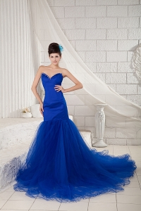 Royal Blue Mermaid Sweetheart Chapel Train Tulle and Satin Beading Prom Pageant Dress