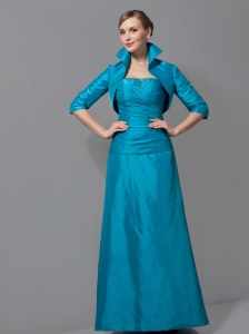 Teal Column Strapless Floor-length Taffeta Ruch Mother Of The Bride Dress