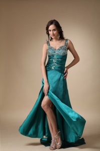 Turquoise Column Straps Brush Train Elastic Woven Satin Beading Pageant Evening Dress