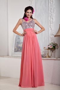 Watermelon Empire Spaghetti Straps Floor-length Chiffon and Sequin Beading Prom Pageant Dress