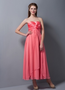 Watermelon Red Empire Strapless Ankle-length Chiffon and Taffeta Hand Made Flower Bridesmaid dresses