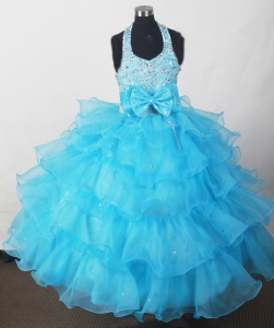 2019 Perfect Aqua Blue Little Girl Pageant Dresses With Beading Bowknot and Ruffled Layers