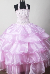 Baby Pink and Beaded Decorate Halter For Little Girl Pageant Dresses
