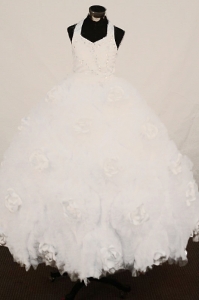 Cheap Little Girl Pageant Dress 2019 Ball Gown Halter Hand Made Flowers White