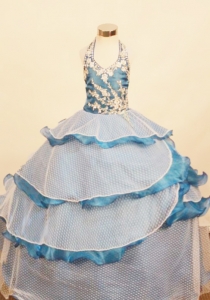 Elegant Ruffled Layered Little Girl Pageant Dress Ball Gown Halter Top Appliques