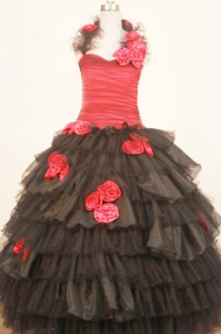 2019 Modest Ruffled Layeres Little Girl Pageant Dresses With Halter Black and Red Hand Made Flowers