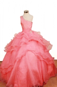 2019 Elegant Watermelon Ruffled LayeresLittle Girl Pageant Dresses One Shoulder Floor-Length