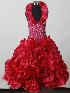 2019 Red Little Girl Pageant Dress With Hand Made Flowers and Beading