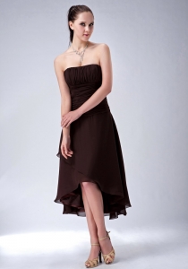 Brown A-line / Princess Strapless High-low Chiffon Ruch Bridesmaid dresses