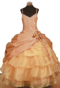 Elegant Hand Made Flowers Little Girl Pageant Dresses Ball Gown Straps Ruffled Layered Beading