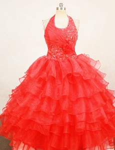 Beaded Red Halter Top Organza Little Girl Pageant Dresses With Ruffles