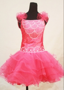 Custom Made Sweet Straps Mini-length Hot Pink Organza Beaded Little Girl Pageant Dresses