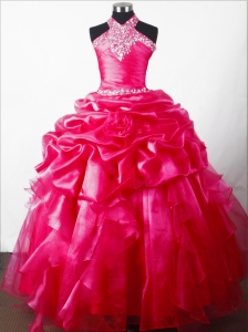 Discout Beading Hand Made Flower Ball Gown Little Girl Pageant Dress Halter Top Floor-length