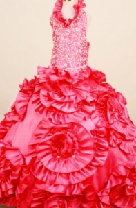 Exquisite Coral Red Little Girl Pageant Dresses Ball Gown Halter top neck Floor-Length