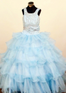 Lovely Light Blue Ruffled Layeres Little Girl Pageant Dresses Square Neck Floor-Length Ball Gown