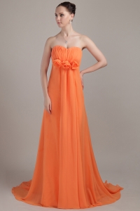 Orange Empire Sweetheart Brush Train Chiffon Hand Made Flowers Bridesmaid dresses
