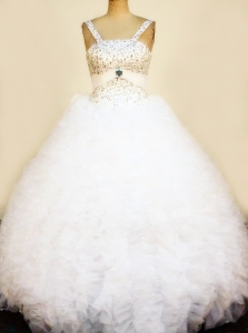 Pretty Ruffles Little Girl Pageant Dresses Straps Beaded Decorate Bust Floor-Length White