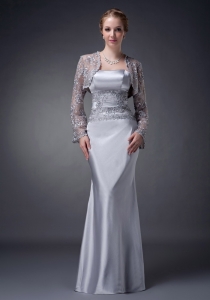 Silver Column Strapless Floor-length Satin Appliques Mother Of The Bride Dress