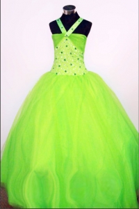 Sweet Ball Gown Halter Top Floor-length Spring Green Beading Little Girl Pageant Dresses