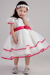 White Princess Scoop Tea-length Organza Beading and Bowknot Little Girl Dress