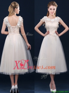 Pretty Tea Length A Line Bridesmaid Dress with Cap Sleeves