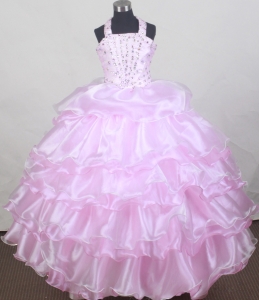 2019 Brand New Halter Baby Pink Flower Girl Pageant Dress With Beaded and Ruffled Layers Decorate