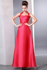 Coral Red Halter Ankle-length Taffeta Ruch Bridesmaid dresses