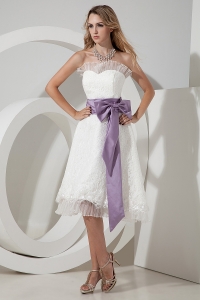 Elegant A-line / Princess Sweetheart Tea-length Lace Bow Bridesmaid dresses