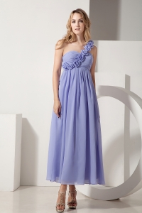 Lilac One Shoulder Ankle-length Chiffon Hand Made Flowers Bridesmaid dresses