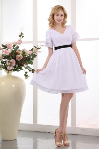 White A-line V-neck Mini-length Chiffon Ruch Bridesmaid dresses