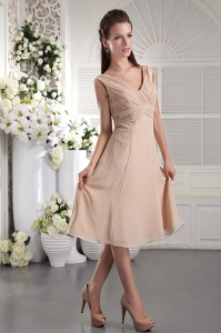 Champagne Empire V-neck Tea-length Chiffon Pleat Bridesmaid dresses