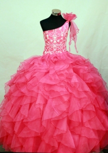 Perfect Hot Pink One Shoulder Neckline Flower Girl Pageant Dress With Embroidery and Flower Decorate Organza